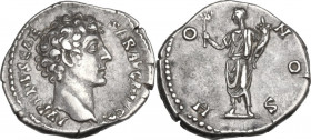 Marcus Aurelius as Caesar (139-161). AR Denarius, 140-144. Obv. AVRELIVS CAESAR AVG PII F COS. Bare head right. Rev. HONOS. Honos togate, standing lef...