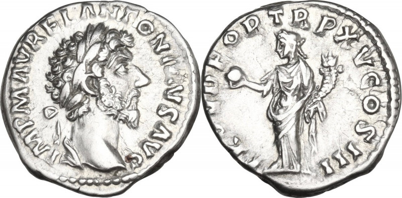 Marcus Aurelius (161-180). AR Denarius, 161 AD. Obv. IMP M AVREL ANTONINVS AVG. ...