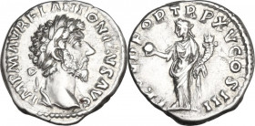 Marcus Aurelius (161-180). AR Denarius, 161 AD. Obv. IMP M AVREL ANTONINVS AVG. Laureate bust right, slight drapery on far shoulder. Rev. PROV DEOR TR...
