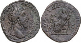Marcus Aurelius (161-180). AE Sestertius, 168 AD. Obv. Laureate head right. Rev. Aequitas seated left, holding scales and cornucopiae. RIC III 960. AE...