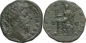 Marcus Aurelius (161-180). AE Sestertius, 171-172. Obv. M ANTONINVS AVG TR P XXVI. Laureate head right. Rev. IMP VI COS III S C. Roma seated left, hol...