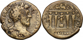 Marcus Aurelius (161-180). AE Sestertius, 172-173 AD. Obv. M ANTONINVS AVG TR P XXVII. Laureate and cuirassed bust right. Rev. RELIG AVG (in exergue) ...