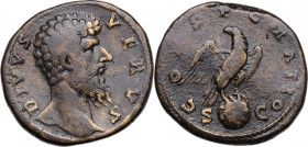 Divus Lucius Verus (died 169 AD). AE Sestertius, struck under Marcus Aurelius. Obv. DIVVS VERVS. Bare head right. Rev. CONSECRATIO SC. Eagle standing ...
