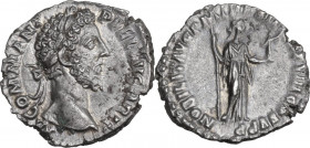 Commodus (177-192). AR Denarius, Rome mint, 187 AD. Obv. M COMM ANT AVG PIVS BRIT. Laureate head right. Rev. NOBILIT AVG PM TR P XII IMP VIII COS V P ...