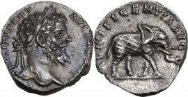 Septimius Severus (193-211). AR Denarius. Rome mint, 197 AD. Obv. SEPT SEV PERT AVG IMP VIIII. Laureate head right. Rev. MVNIFICENTIA AVG. Elephant, c...