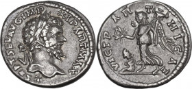 Septimius Severus (193-211). AR Denarius. Rome mint, 199-200. Obv. L SEPT SEV AVG IMP XI PART MAX. Laureate bust right. Rev. VICT PARTHICAE. Victory a...