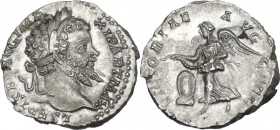 Septimius Severus (193-211). AR Denarius. Rome mint, 199-200. Obv. L SEPT SEV AVG IMP XI PART MAX. Laureate bust right. Rev. VICTORIAE AVGG FEL. Victo...