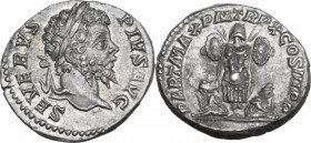 Septimius Severus (193-211). AR Denarius, 202 AD. Obv. SEVERVS PIVS AVG. Laureate bust right. Rev. PART MAX PM TR P X COS III PP. Trophy between two c...