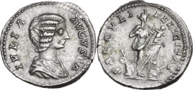 Julia Domna (died 217 AD). AR Denarius. Struck under Septimius Severus, 200-207. Obv. IVLIA AVGVSTA. Draped bust right. Rev. SAECVLI FELICITAS. Isis, ...
