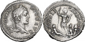 Caracalla (198-217). AR Denarius, 207 AD. Obv. ANTONINVS PIVS AVG. Laureate head right. Rev. PONTIF TR P X COS II. Caracalla standing facing, head rig...