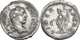 Caracalla (198-217). AR Denarius, 213 AD. Obv. ANTONINVS PIVS AVG. Laureate head right. Rev. LIBERTAS AVG. Libertas standing left, holding pileus and ...