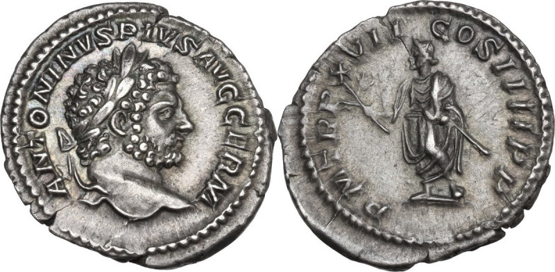 Caracalla (198-217). AR Denarius, 214 AD. Obv. ANTONINVS PIVS AVG GERM. Laureate...