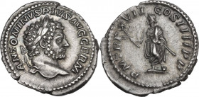 Caracalla (198-217). AR Denarius, 214 AD. Obv. ANTONINVS PIVS AVG GERM. Laureate bust right. Rev. PM TR P XVII COS IIII P P. Genius of the Senate stan...
