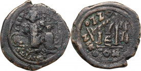 Heraclius (610-641). AE Follis, Constantinople mint. Overstruck on a Follis of Justin II, Nicomedia mint. Obv. Heraclius and Heraclius Constantine sta...
