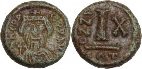 Heraclius (610-641). AE Decanummium. Catania mint. Dated RY 10 (619/20). Obv. Crowned, draped, and cuirassed bust facing, holding globus cruciger. Rev...