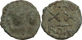 Heraclius, with Heraclius Constantine (610-641). AE Half Follis. Rome mint. Obv. Facing busts of Heraclius on left and Heraclius Constantine on right,...