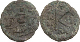 Heraclius (610-641), with Martina and Heraclius Constantine. AE Half Follis, Ravenna mint. Obv. Crowned and draped facing busts of Martina, Heraclius ...