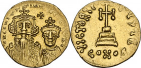 Constans II, with Constantine IV (641-668). AV Solidus. Constantinople mint, 2nd officina. Struck 654-659. Obv. ∂N CONSTANTYNYS C CONSTAN. Crowned and...