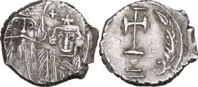 Constans II, with Constantine IV (641-668). 'Ceremonial' Silver Coinage. AR Miliaresion, Constantinople mint, 659-668 AD. Obv. Draped facing busts of ...
