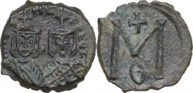 Michael II the Amorian, with Theophilus (820-829). AE Follis. Syracuse mint, 821-829. Obv. Crowned facing busts of Michael, wearing chlamys, and Theop...