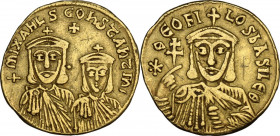 Theophilus, with Constantine and Michael III (829-842 AD). AV Solidus, Constantinople mint, 831-842 AD. Obv. Star ΘEOFILOS bASILE Θ. Crowned facing bu...