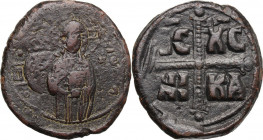 Michael IV, the Paphlagonian (1034-1041). AE Anonymous Follis. Obv. Three-quarter lenght figure of Christ Antiphonetes standing facing, raising right ...