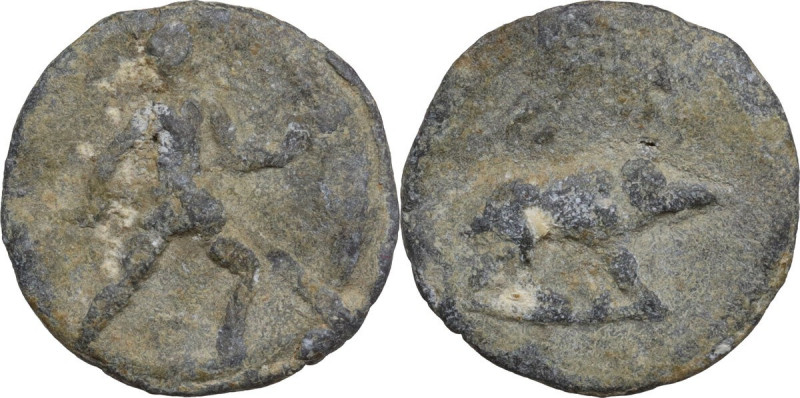 Leads from Ancient World. PB Tessera. Obv. Male figure (Gallus?) advancing right...