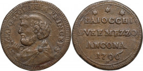 Ancona. Pio VI (1775-1799), Giovanni Angelo Braschi. Sampietrino da due baiocchi e mezzo 1796. CNI 4; M. 145; Berm. 3003. AE. 16.11 g. 29.00 mm. BB+/B...