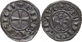 Brindisi. Federico II di Svevia (1197-1250). Denaro 1244. Sp. 130; Travaini 1993 37; D'Andrea 166. MI. 1.05 g. 18.00 mm. qSPL.
