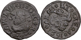 Cagliari. Carlo II di Spagna (1665-1700). 3 Caglieresi. MIR (Piem. Sard. Lig. Cors.) 91/10; Piras 1996 169. AE. 8.46 g. 26.00 mm. R. SPL.