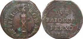 Fermo. Repubblica Romana (1798-1799). Due Baiocchi 1798. CNI 1; Bruni 12; M. 38; Pag. 31. AE. 15.02 g. 33.00 mm. RR. BB.