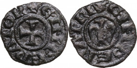 Messina. Enrico VI di Svevia (1191-1196). Mezzo denaro. Sp. -; Travaini 1993 4a; D'Andrea 43. MI. 0.40 g. 11.50 mm. RR. Spazzolato. BB+.