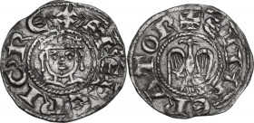 Messina. Enrico VI di Svevia (1194-1197) col figlio Federico. Denaro. Sp. 32 var; Travaini 1993 8 var; D'Andrea 51. MI. 0.77 g. 16.50 mm. L'aquila ha ...