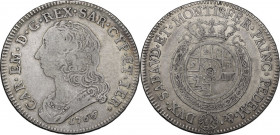 Carlo Emanuele III secondo periodo (1755-1773). Mezzo scudo nuovo 1766. MIR (Savoia) 947l; Sim. 34; Biaggi 812n. AG. 37.00 mm. qBB.
