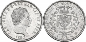 Carlo Felice (1821-1831). 5 lire 1827 Torino. Pag. 73; Mont. 63. AG. 37.00 mm. Segnetti al diritto, altrimenti. SPL.