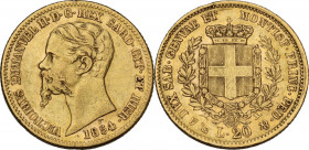Vittorio Emanuele II, Re di Sardegna (1849-1861). 20 lire 1854 Genova. Pag. 345; Mont. 11; Fried. 1147. AU. 21.00 mm. BB.