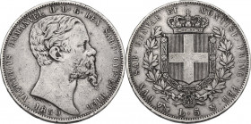 Vittorio Emanuele II, Re di Sardegna (1849-1861). 5 lire 1850 Genova. Pag. 370; Mont. 41. AG. 37.00 mm. R. qBB.