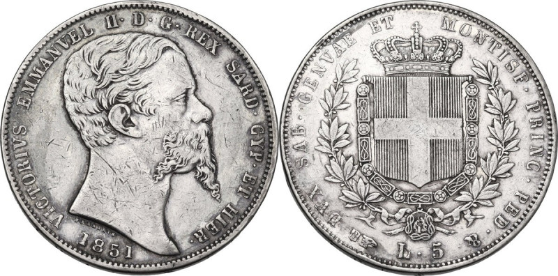 Vittorio Emanuele II, Re di Sardegna (1849-1861). 5 lire 1851 Torino. Pag. 373; ...