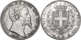 Vittorio Emanuele II, Re di Sardegna (1849-1861). 5 lire 1851 Torino. Pag. 373; Mont. 42. AG. 37.00 mm. RR. qBB.