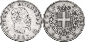 Vittorio Emanuele II, Re d'Italia (1861-1878). 2 lire 1863 Napoli. Pag. 506; Mont. 196. AG. 27.00 mm. BB.