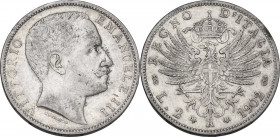 Vittorio Emanuele III (1900-1943). 2 lire 1902. Pag. 726; Mont. 141. AG. 27.00 mm. R. BB.
