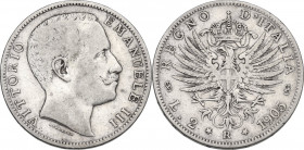 Vittorio Emanuele III (1900-1943). 2 lire 1905. Pag. 729; Mont. 144. AG. 27.00 mm. qBB/BB.