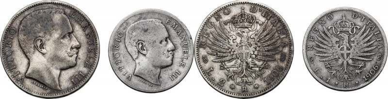 Vittorio Emanuele III (1900-1943). Lotto di due (2) monete: 2 e 1 lire 1906. Pag...