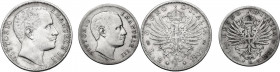Vittorio Emanuele III (1900-1943). Lotto di due (2) monete 1907: 2 lire e 1 lira. Pag. 731,767; Mont. 146,192. AG. 27.00 mm.