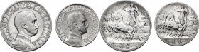 Vittorio Emanuele III (1900-1943). Lotto di due (2) monete 1908: 2 lire e 1 lira. Pag. 732,768; Mont. 147,194. AG. 27.00 mm. R.