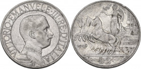Vittorio Emanuele III (1900-1943). 2 lire 1912. Pag. 735; Mont. 150. AG. 27.00 mm. Patina riposata. BB+.