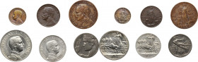 Vittorio Emanuele III (1900-1943). Serie di sei (6) monete 1912: 2, 1 lire, 20,5,2,1 centesimi. Pag. 735,771,833,894,935,949; Mont. 150,197,280,362,40...