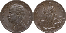 Vittorio Emanuele III (1900-1943). 5 Centesimi 1908. Pag. 892; Mont. 360. CU. 25.00 mm. R. Colpetti al ciglio. qFDC.