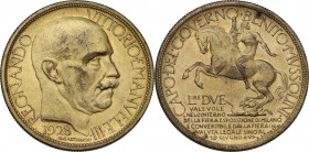 Vittorio Emanuele III (1900-1943). 2 lire 1928 Fiera di Milano. Mont. 9. AE dorato. 29.50 mm. R. qSPL.