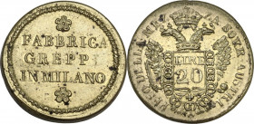 Italy. Milano. Peso della Mezza Sovrana. Fabbrica Greppi (Milano), 1838-1860. Zavattoni 1435. Ottone. 5.68 g. 21.00 mm. SPL.